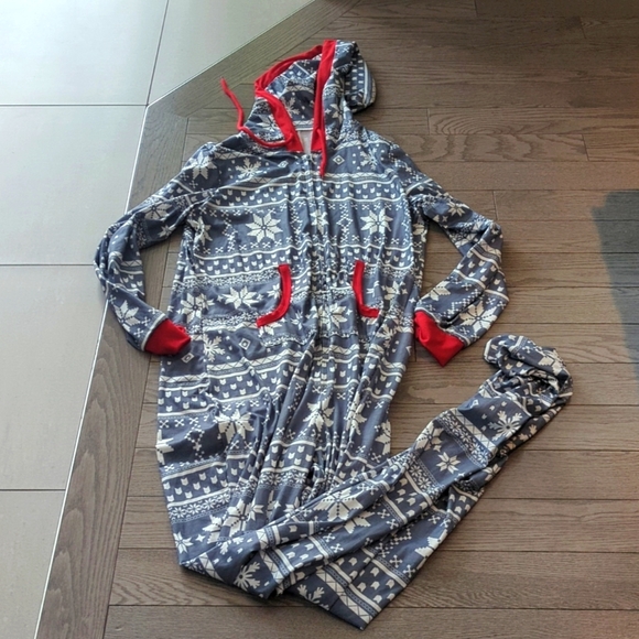 Christmas Pajamas Snowflake Pattern Xmas Adult Women Hooded Sleeper XL New - Picture 5 of 5